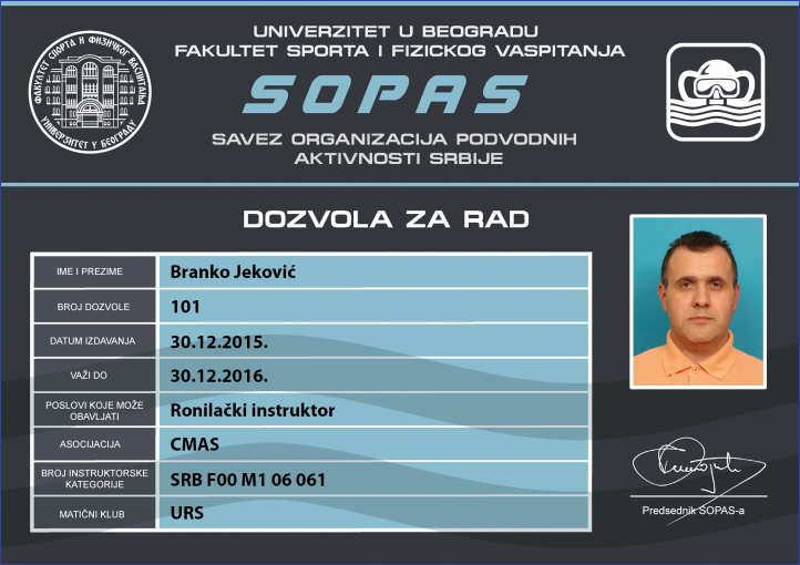 Dozvola za rad / licenciranje ronilačkih instruktora Dozvola za rad / licenciranje ronilačkih instruktora